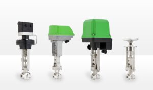 Four Schubert & Salzer low flow valves side by side: pneumatic with integrated positioner, two with electric actuators and one manually actuated