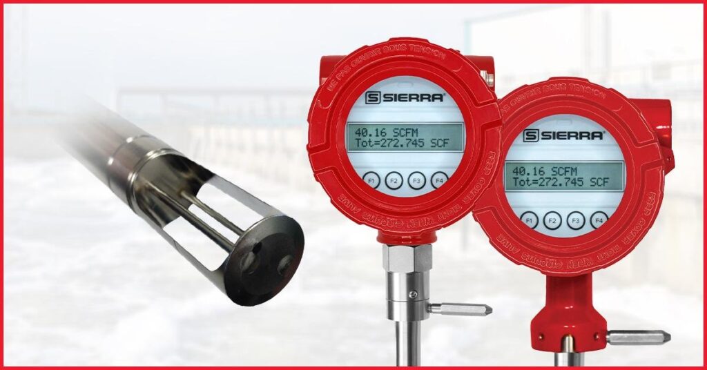 Sierra Instruments ½-inch insertion probe next to two red TM100 and TM500 thermal mass flow meters with digital display