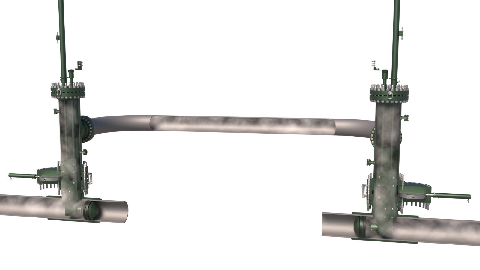 Diagram of two BISEP line stops isolating a pipeline section with a temporary bypass line